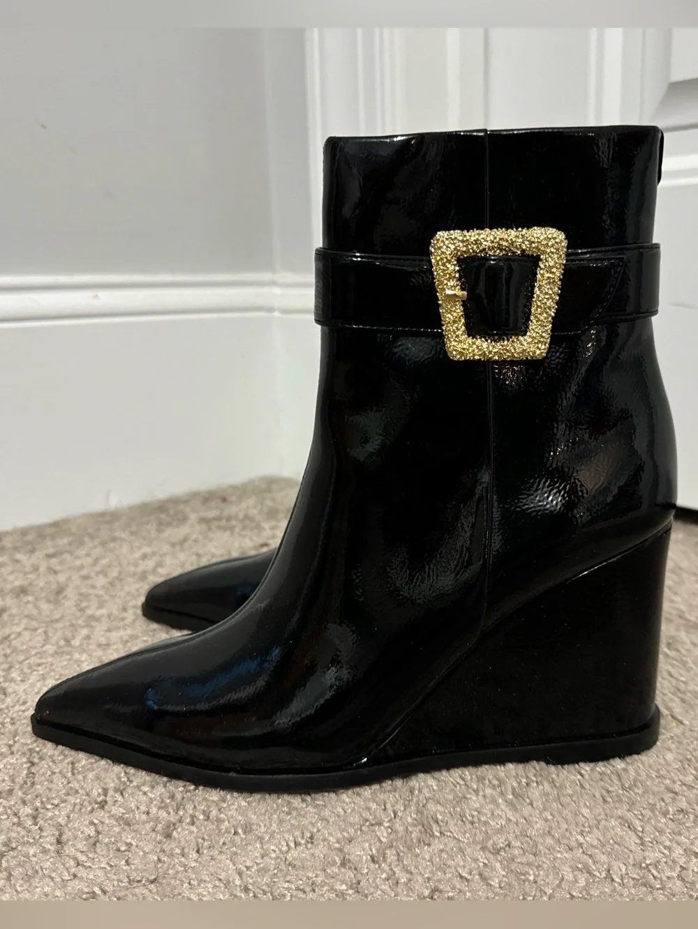 Pretty Sam Edelman size 7 black patent wedge Weslie boots gold buckle new